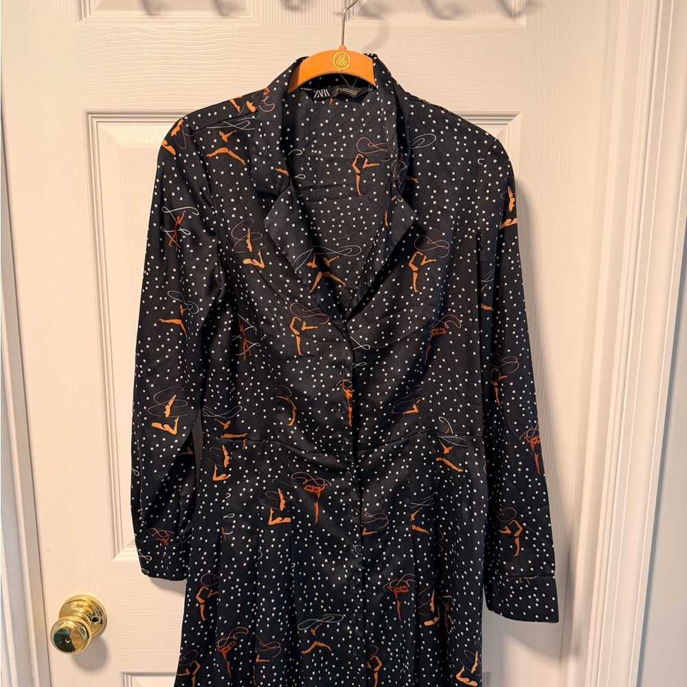 Zara Black Polka Dot Dress with Rust Accent